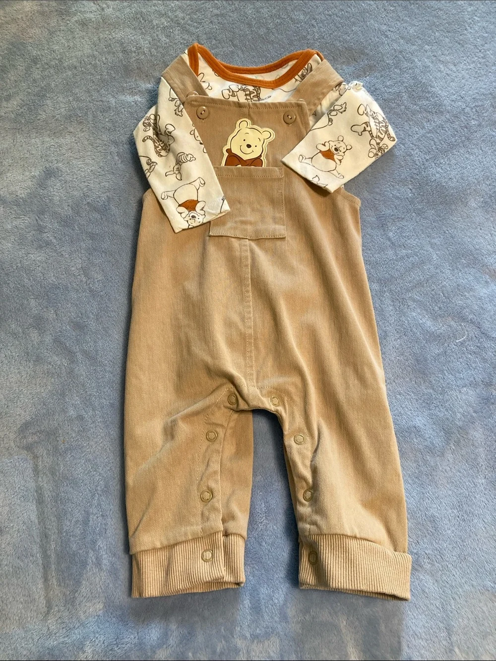 Disney Baby Beige Corduroy Overalls Set with Pooh Print Bodysuit